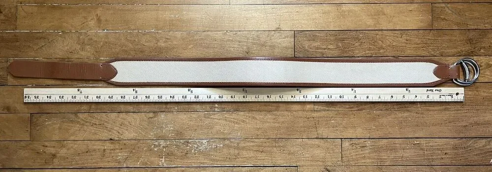 ✨Lauren Ralph Lauren Canvas Camel Brown Ivory Leather Look Belt Equestrian S